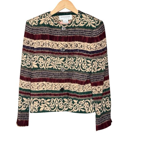 Jones New York Petite Silk Blazer 8P Green Brown Vintage Heritage Style - Picture 2 of 11